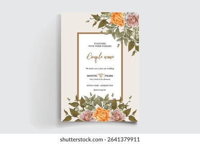 WEDDING INVITATION FRAME WITH FLOWER DECORATIONS AND FRESH LEAVES