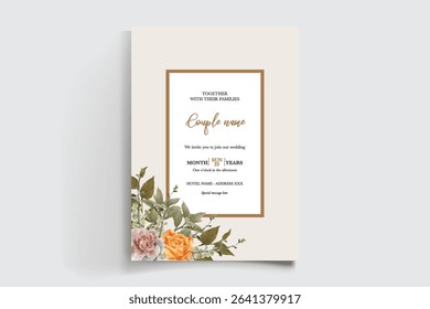 WEDDING INVITATION FRAME WITH FLOWER DECORATIONS AND FRESH LEAVES