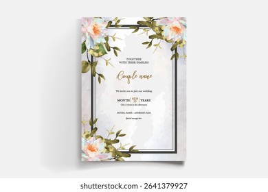 WEDDING INVITATION FRAME WITH FLOWER DECORATIONS AND FRESH LEAVES