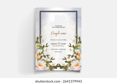 WEDDING INVITATION FRAME WITH FLOWER DECORATIONS AND FRESH LEAVES