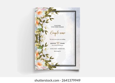 WEDDING INVITATION FRAME WITH FLOWER DECORATIONS AND FRESH LEAVES