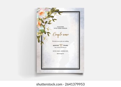 WEDDING INVITATION FRAME WITH FLOWER DECORATIONS AND FRESH LEAVES