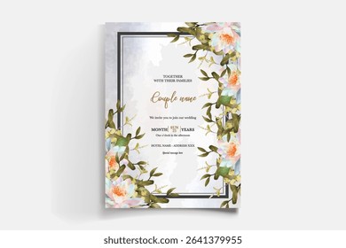 WEDDING INVITATION FRAME WITH FLOWER DECORATIONS AND FRESH LEAVES