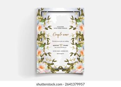 WEDDING INVITATION FRAME WITH FLOWER DECORATIONS AND FRESH LEAVES