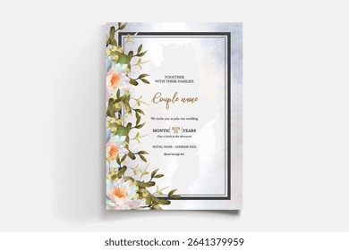 WEDDING INVITATION FRAME WITH FLOWER DECORATIONS AND FRESH LEAVES