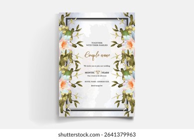 WEDDING INVITATION FRAME WITH FLOWER DECORATIONS AND FRESH LEAVES