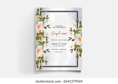 WEDDING INVITATION FRAME WITH FLOWER DECORATIONS AND FRESH LEAVES