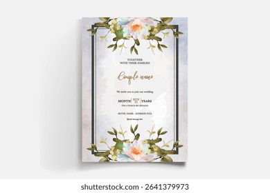 WEDDING INVITATION FRAME WITH FLOWER DECORATIONS AND FRESH LEAVES