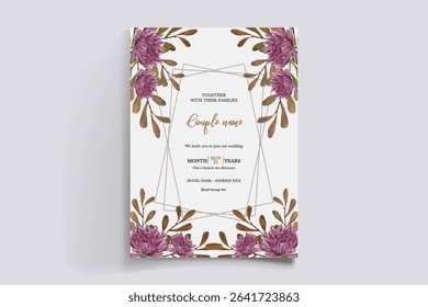 WEDDING INVITATION FRAME WITH FLOWER DECORATIONS AND FRESH LEAVES