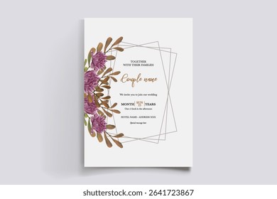 WEDDING INVITATION FRAME WITH FLOWER DECORATIONS AND FRESH LEAVES