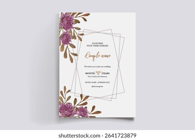WEDDING INVITATION FRAME WITH FLOWER DECORATIONS AND FRESH LEAVES