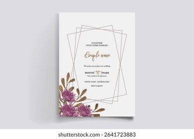WEDDING INVITATION FRAME WITH FLOWER DECORATIONS AND FRESH LEAVES