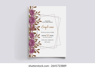 WEDDING INVITATION FRAME WITH FLOWER DECORATIONS AND FRESH LEAVES