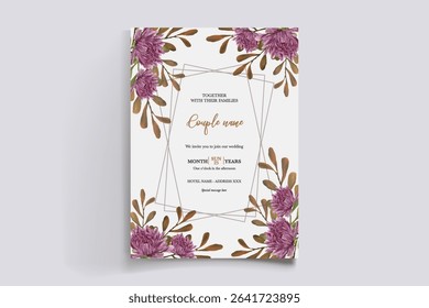 WEDDING INVITATION FRAME WITH FLOWER DECORATIONS AND FRESH LEAVES