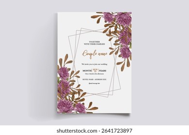 WEDDING INVITATION FRAME WITH FLOWER DECORATIONS AND FRESH LEAVES