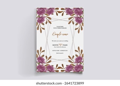 WEDDING INVITATION FRAME WITH FLOWER DECORATIONS AND FRESH LEAVES
