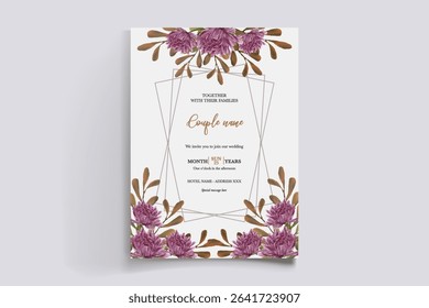 WEDDING INVITATION FRAME WITH FLOWER DECORATIONS AND FRESH LEAVES