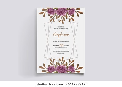 WEDDING INVITATION FRAME WITH FLOWER DECORATIONS AND FRESH LEAVES