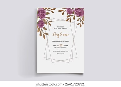 WEDDING INVITATION FRAME WITH FLOWER DECORATIONS AND FRESH LEAVES