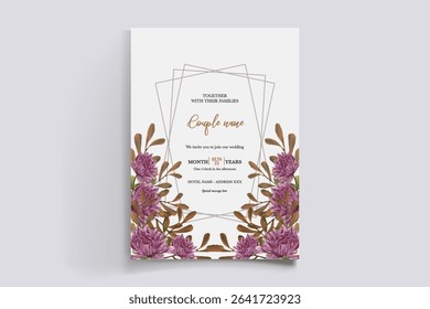 WEDDING INVITATION FRAME WITH FLOWER DECORATIONS AND FRESH LEAVES