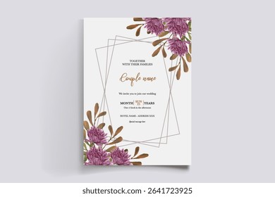 WEDDING INVITATION FRAME WITH FLOWER DECORATIONS AND FRESH LEAVES