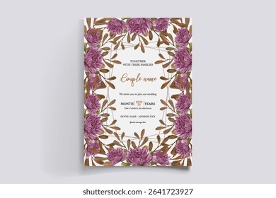 WEDDING INVITATION FRAME WITH FLOWER DECORATIONS AND FRESH LEAVES