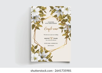 WEDDING INVITATION FRAME WITH FLOWER DECORATIONS AND FRESH LEAVES