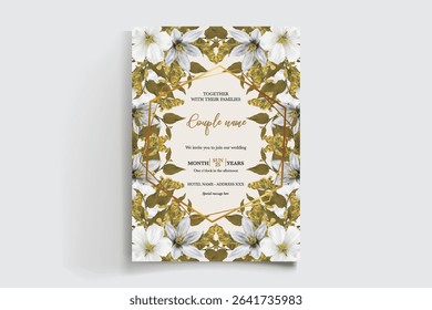 WEDDING INVITATION FRAME WITH FLOWER DECORATIONS AND FRESH LEAVES
