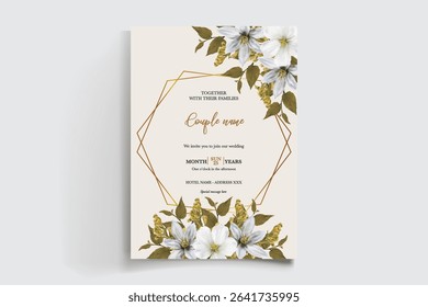 WEDDING INVITATION FRAME WITH FLOWER DECORATIONS AND FRESH LEAVES