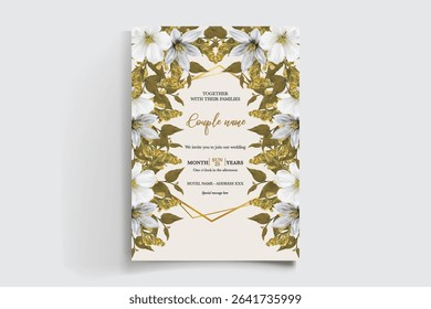 WEDDING INVITATION FRAME WITH FLOWER DECORATIONS AND FRESH LEAVES