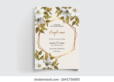 WEDDING INVITATION FRAME WITH FLOWER DECORATIONS AND FRESH LEAVES