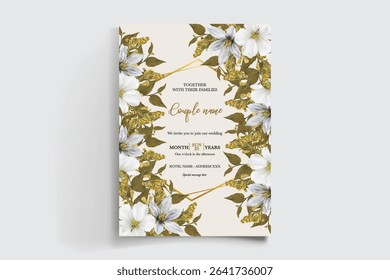 WEDDING INVITATION FRAME WITH FLOWER DECORATIONS AND FRESH LEAVES