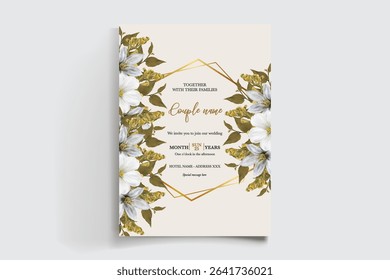 WEDDING INVITATION FRAME WITH FLOWER DECORATIONS AND FRESH LEAVES