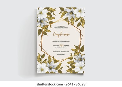 WEDDING INVITATION FRAME WITH FLOWER DECORATIONS AND FRESH LEAVES