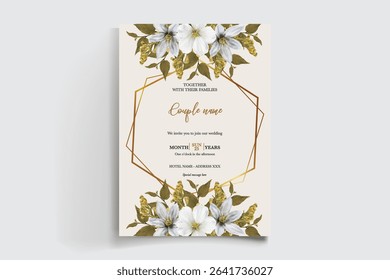 WEDDING INVITATION FRAME WITH FLOWER DECORATIONS AND FRESH LEAVES