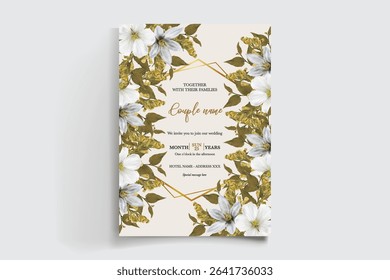 WEDDING INVITATION FRAME WITH FLOWER DECORATIONS AND FRESH LEAVES