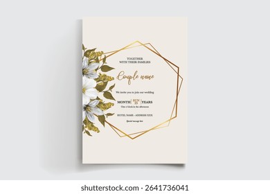 WEDDING INVITATION FRAME WITH FLOWER DECORATIONS AND FRESH LEAVES