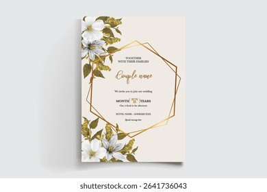 WEDDING INVITATION FRAME WITH FLOWER DECORATIONS AND FRESH LEAVES