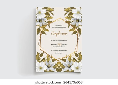 WEDDING INVITATION FRAME WITH FLOWER DECORATIONS AND FRESH LEAVES