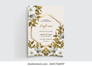 WEDDING INVITATION FRAME WITH FLOWER DECORATIONS AND FRESH LEAVES