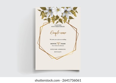 WEDDING INVITATION FRAME WITH FLOWER DECORATIONS AND FRESH LEAVES