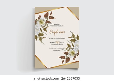 WEDDING INVITATION FRAME WITH FLOWER DECORATIONS AND FRESH LEAVES