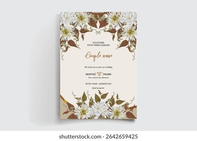 WEDDING INVITATION FRAME WITH FLOWER DECORATIONS AND FRESH LEAVES