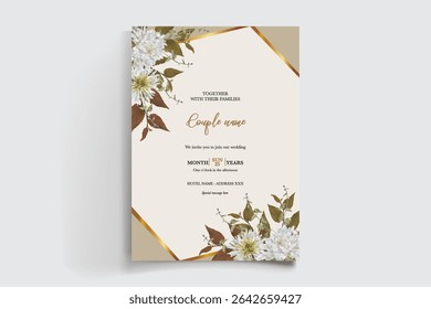 WEDDING INVITATION FRAME WITH FLOWER DECORATIONS AND FRESH LEAVES