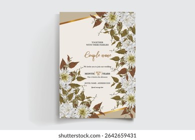WEDDING INVITATION FRAME WITH FLOWER DECORATIONS AND FRESH LEAVES