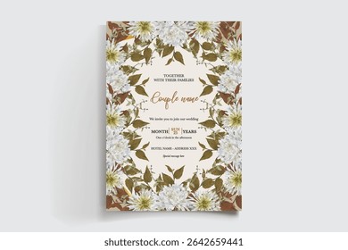 MARCO DE INVITACIÓN DE BODA CON DECORACIONES FLORALES Y HOJAS FRESCAS