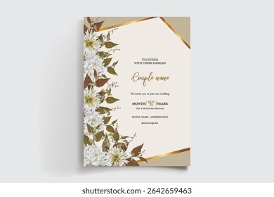 WEDDING INVITATION FRAME WITH FLOWER DECORATIONS AND FRESH LEAVES