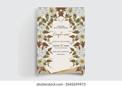 WEDDING INVITATION FRAME WITH FLOWER DECORATIONS AND FRESH LEAVES