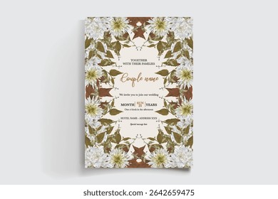 QUADRO DE CONVITE DE CASAMENTO COM DECORAÇÕES DE FLORES E FOLHAS FRESCAS