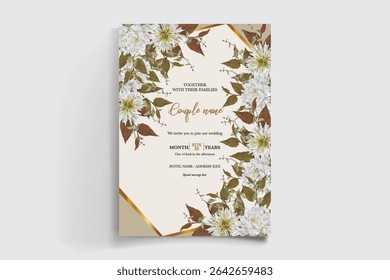 WEDDING INVITATION FRAME WITH FLOWER DECORATIONS AND FRESH LEAVES